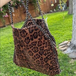 Leopard Print Chain-Trim Tote Bag - Brown